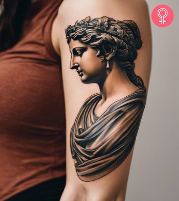 Woman with greek mythology tattoo on her left hand