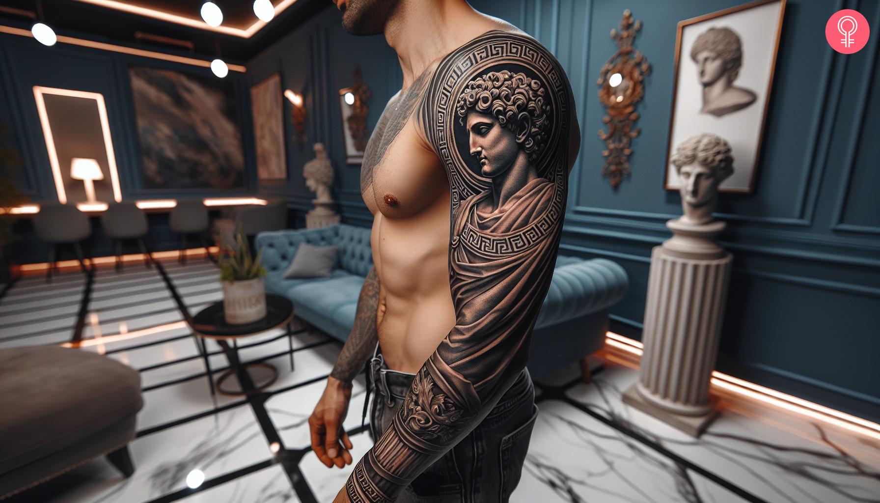 Greek statue tattoo on the sleeve of a man's arm