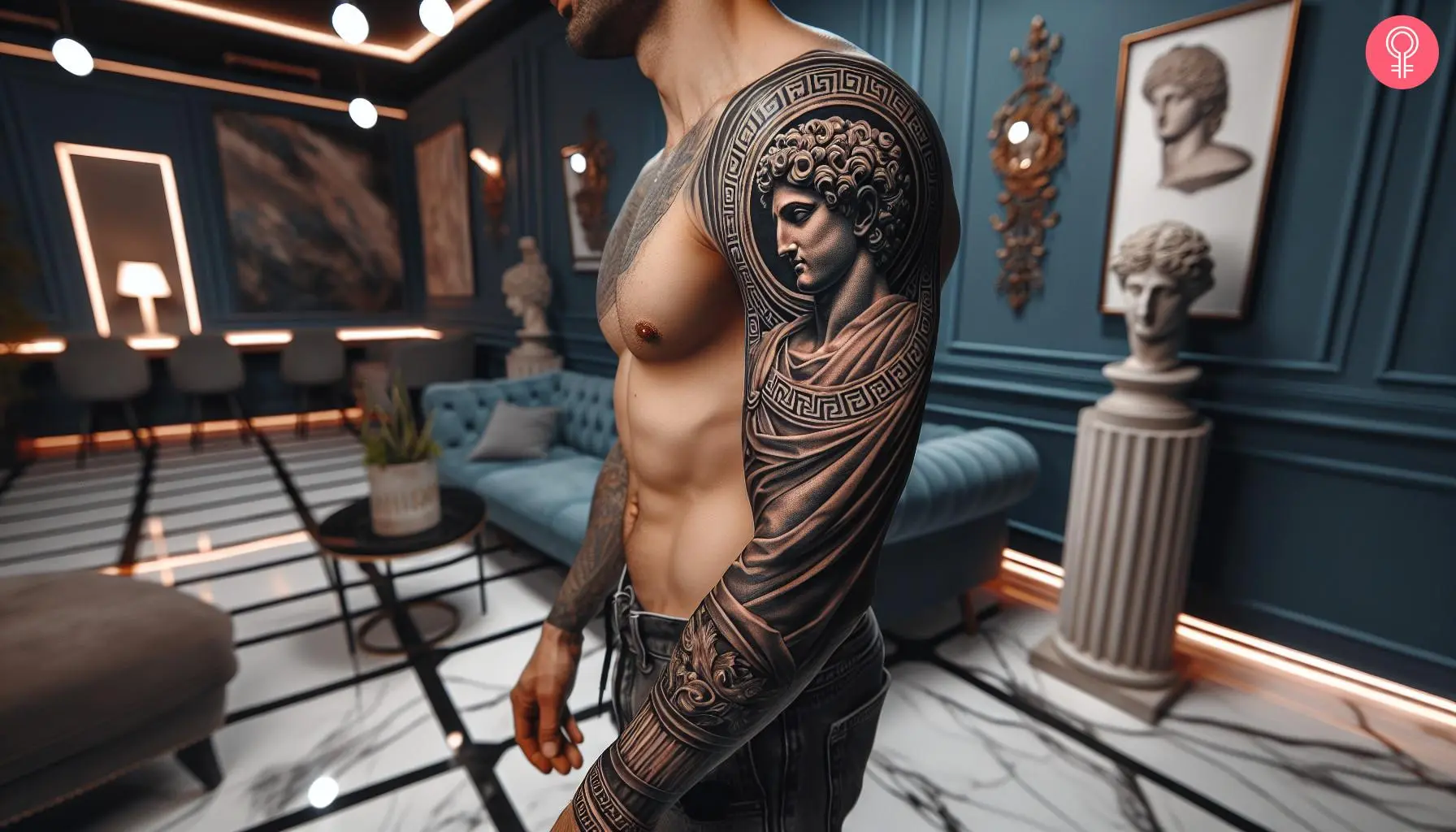 Greek statue tattoo on the arm sleeve of a man