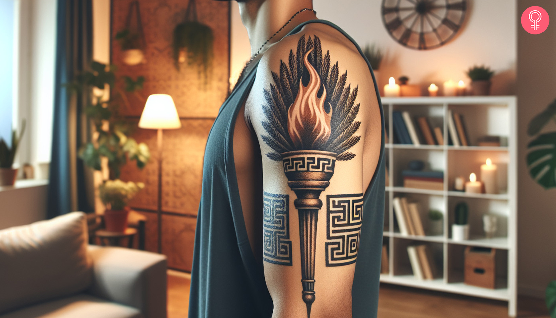 Greek torch tattoo on the upper arm