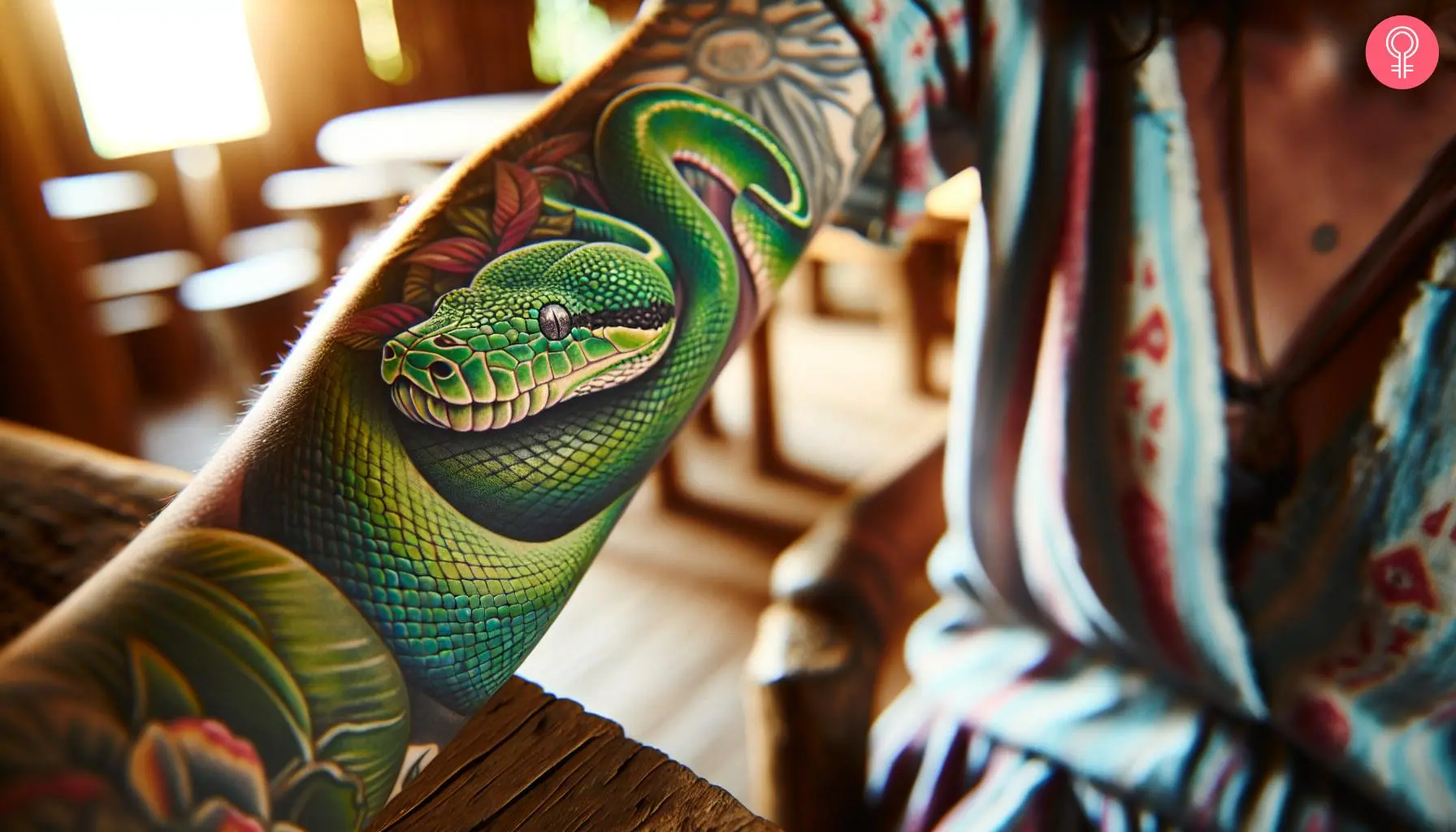 Green tree python tattoo on the arm of a woman