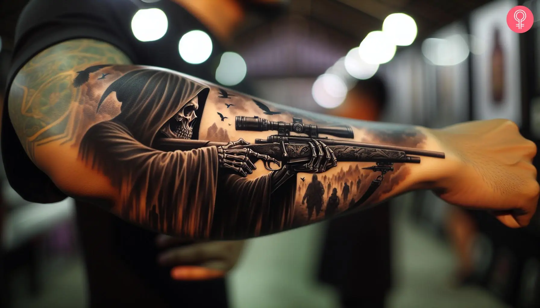 Grim reaper sniper tattoo on the forearm of a man