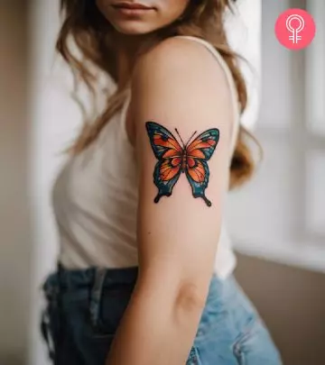 A hippie tattoo design on the arm of a woman