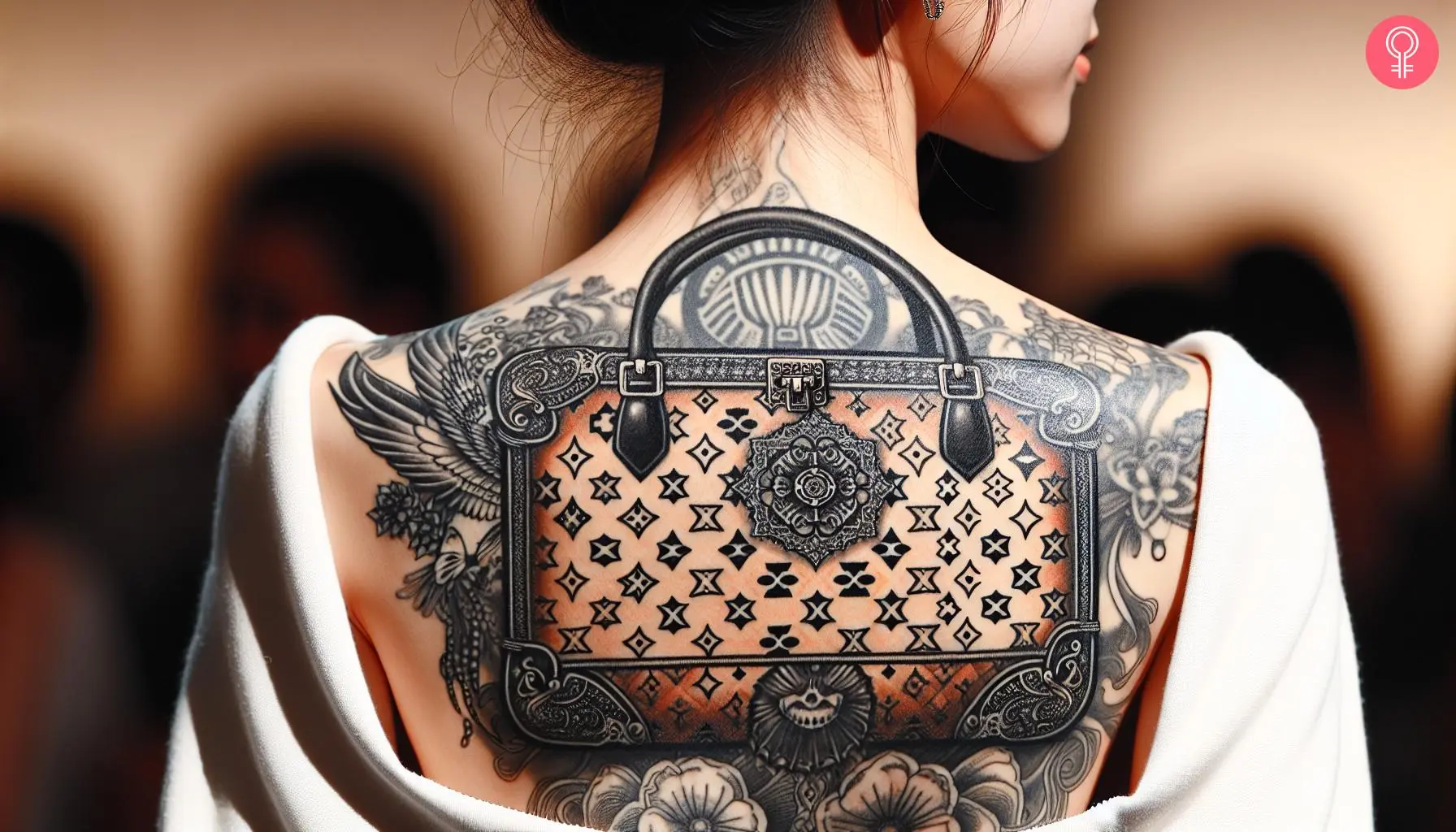 Woman with gucci bag tattoo on her upper back