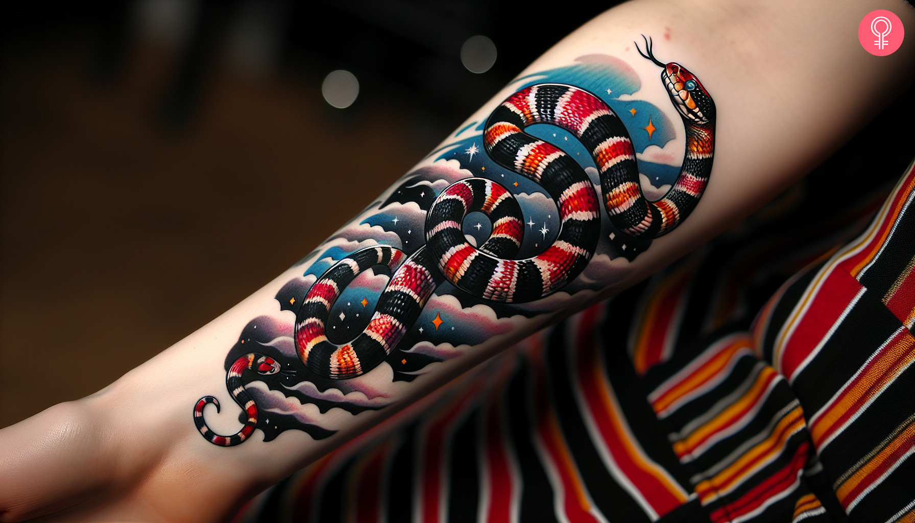 Woman with gucci snake tattoo on her forearm