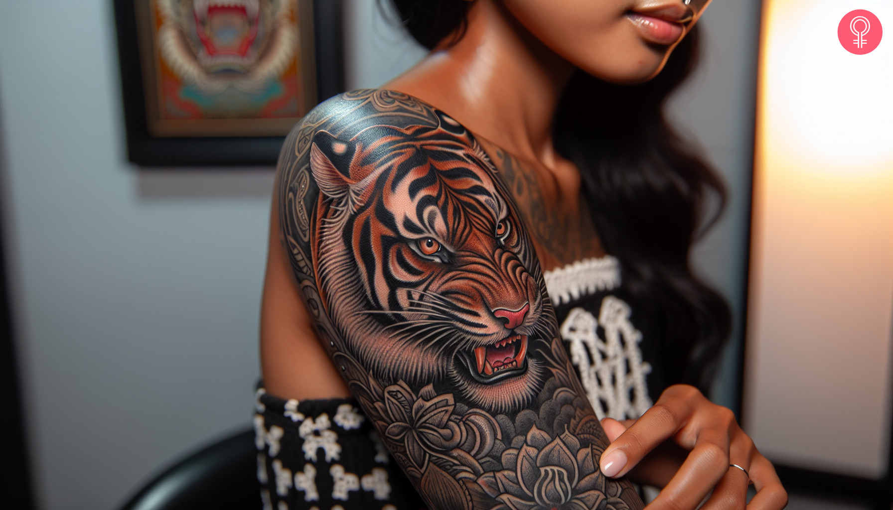 Woman with gucci tiger tattoo on her arm