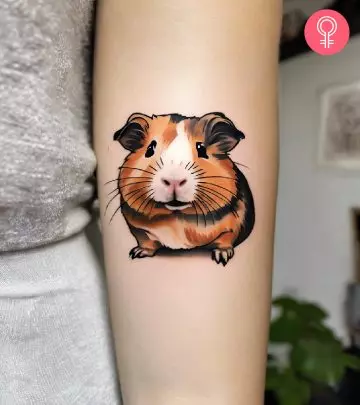 A woman flaunting a pig tattoo on the bicep
