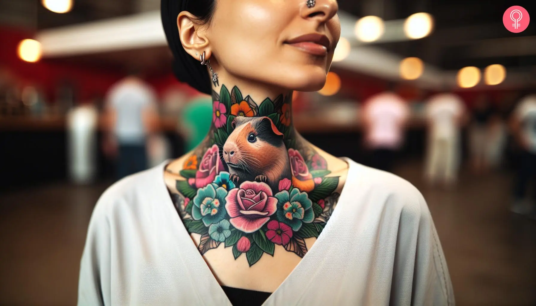 Guinea pig tattoo on the neck of a woman