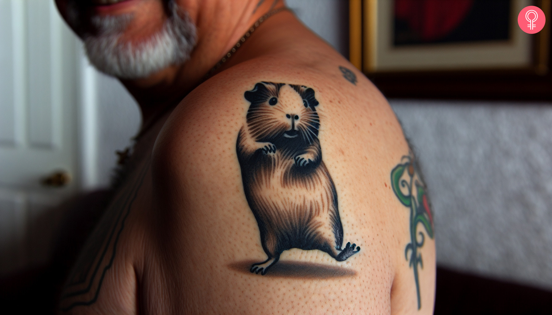 Guinea pig tattoo on the shoulder of a man