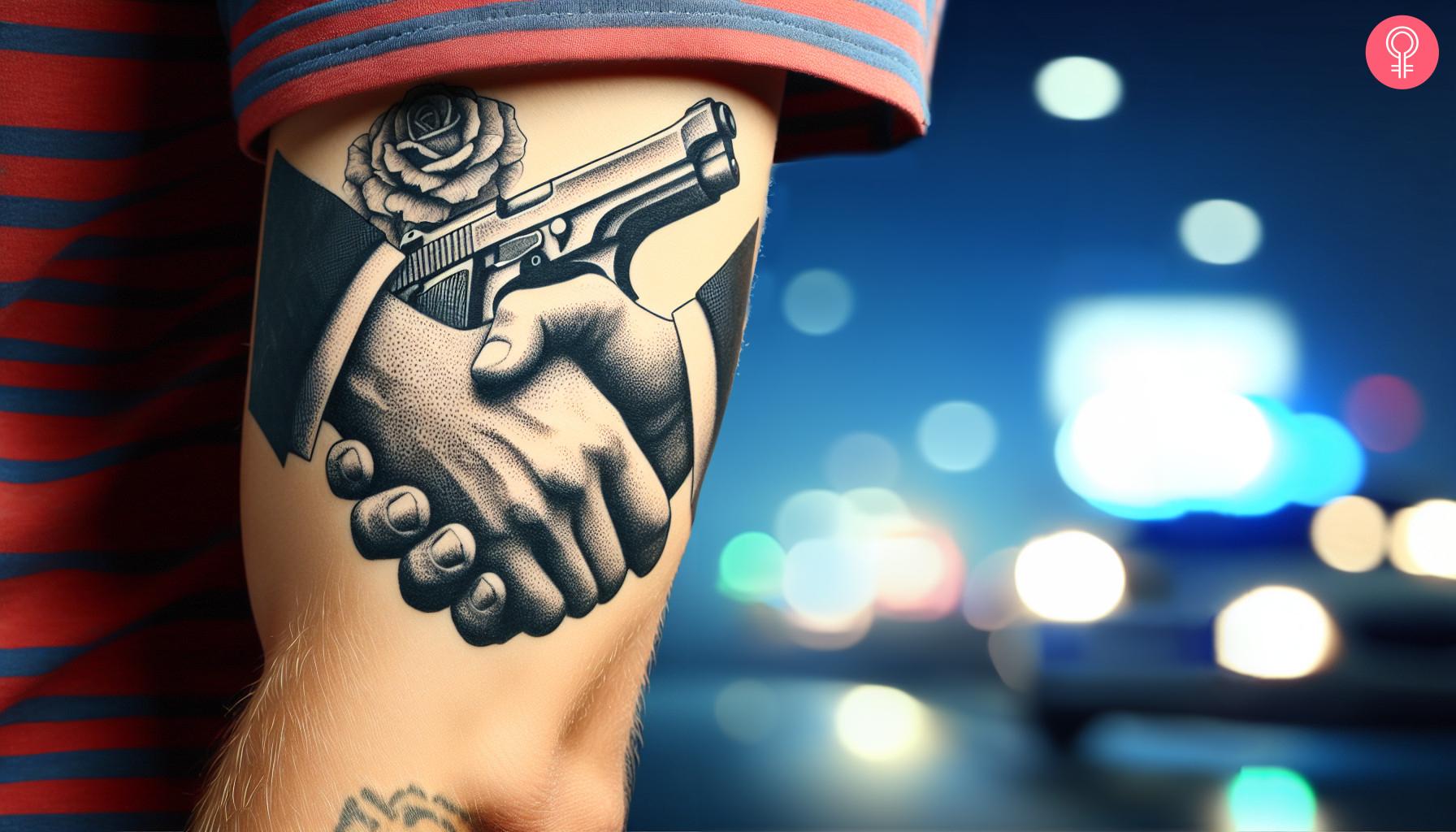 Tattoo with a handshake of a gun on a man's arm