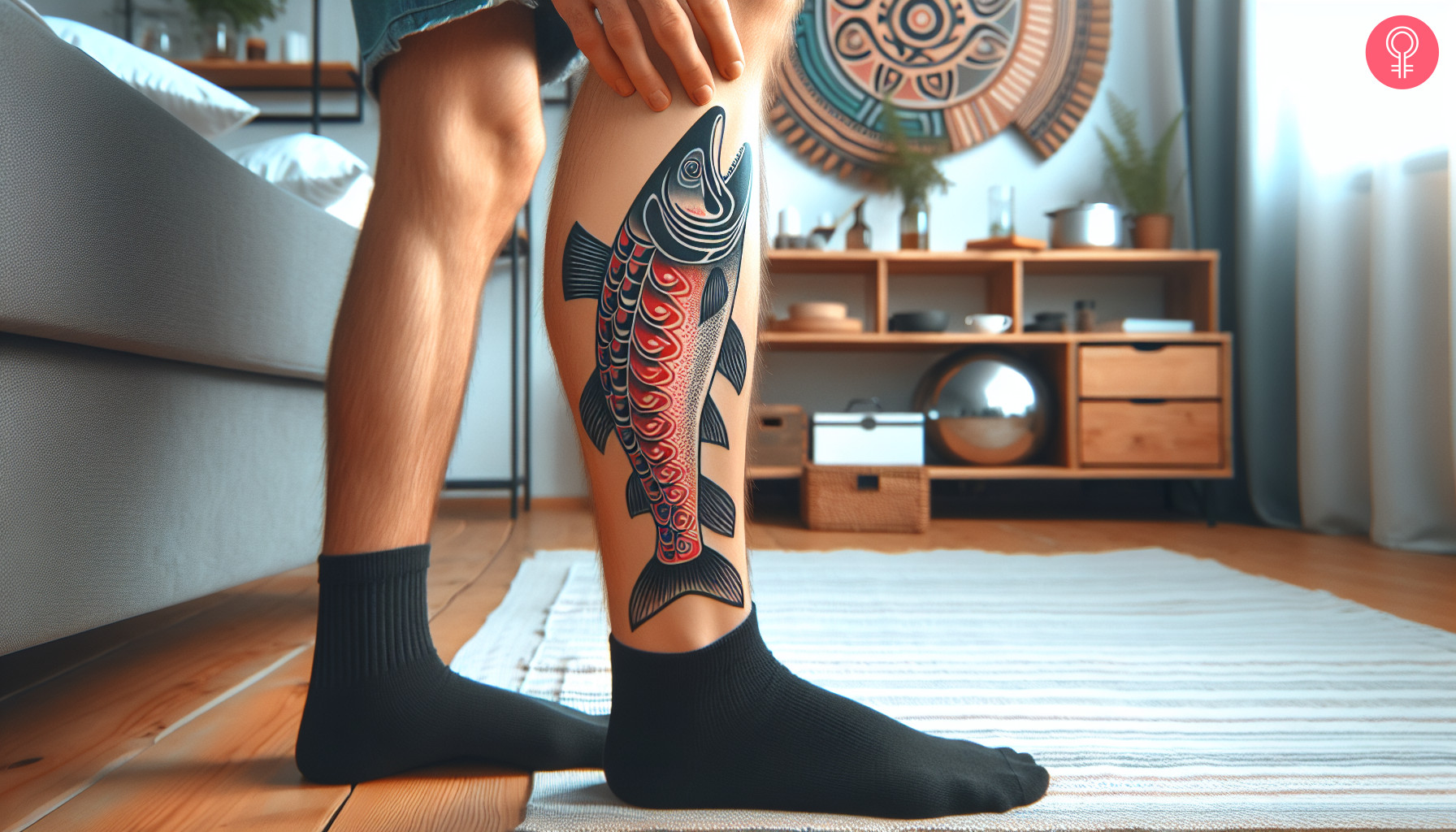 A Haida salmon tattoo on the calf