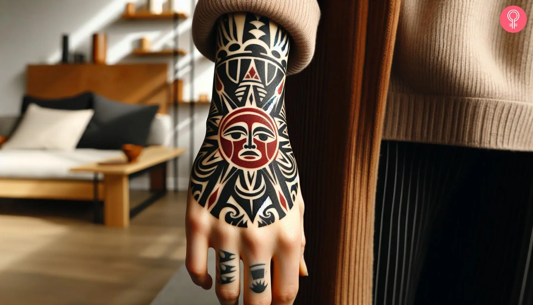 A Haida sun tattoo on the back of the hand