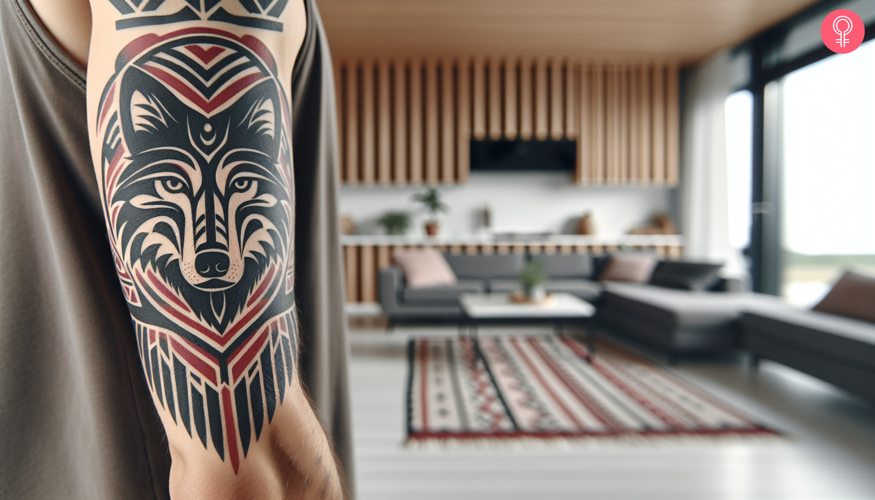 A Haida wolf tattoo on the upper arm