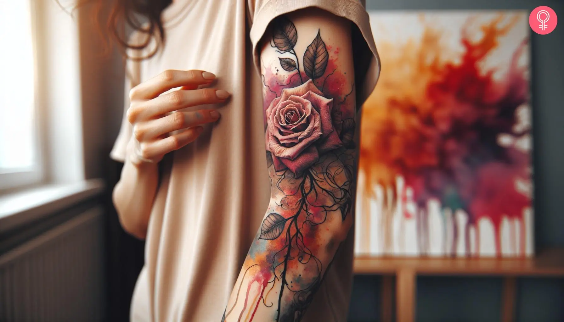 Half dead rose tattoo on the upper arm of a woman