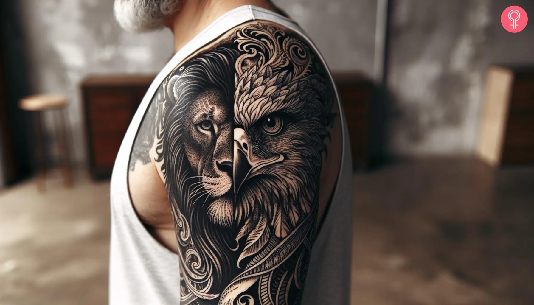 Half lion half eagle tattoo on the shoulder of a man