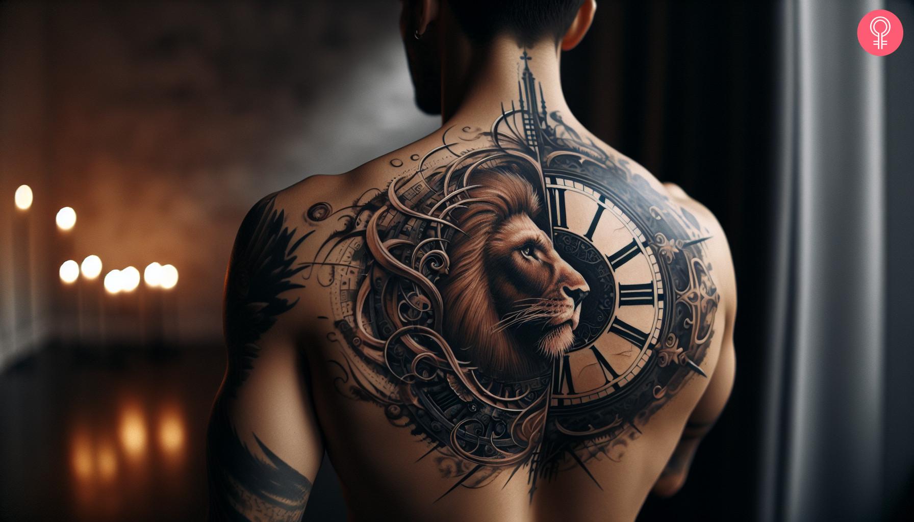 An elaborate back tattoo of a half lion and a half clock