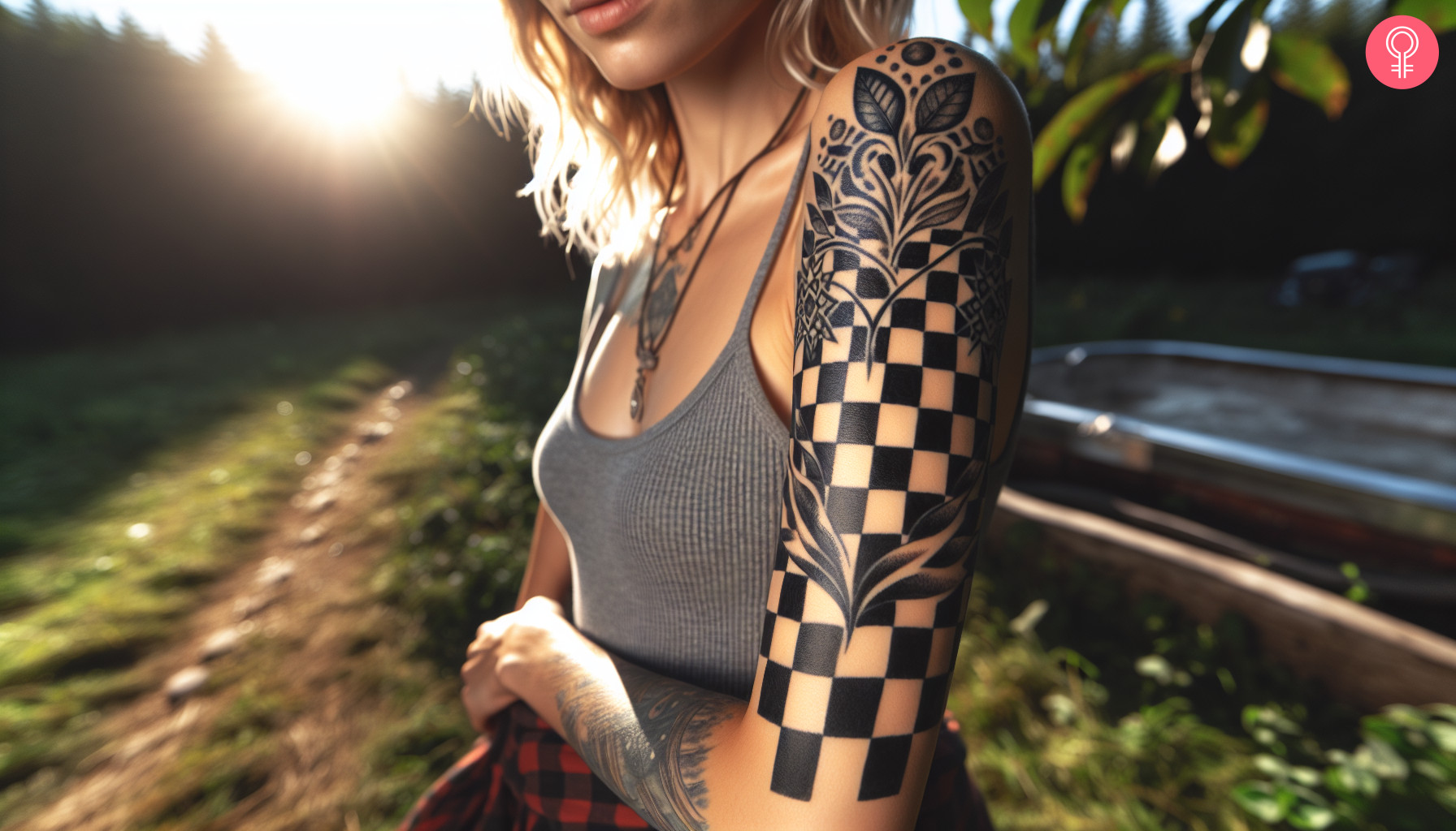 Woman wearing a half-sleeve checkered flag tattoo