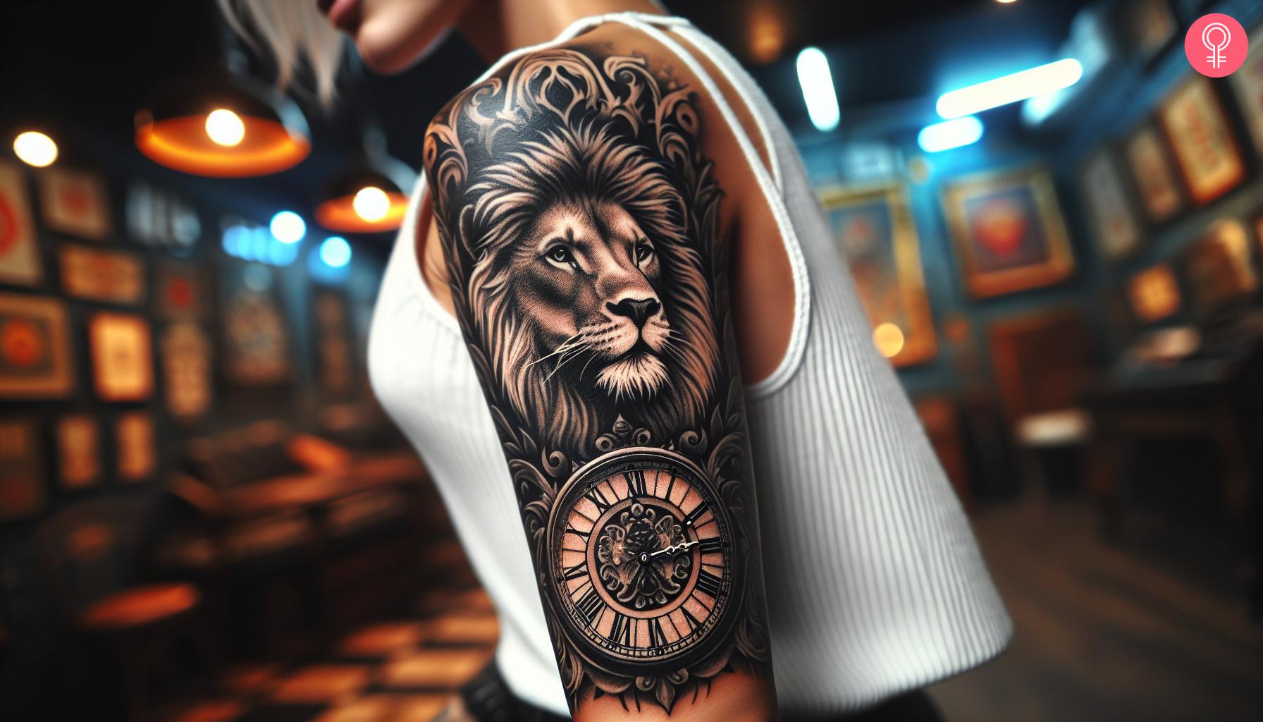 A half sleeve lion bell tattoo that covers the upper arm down to the elbows