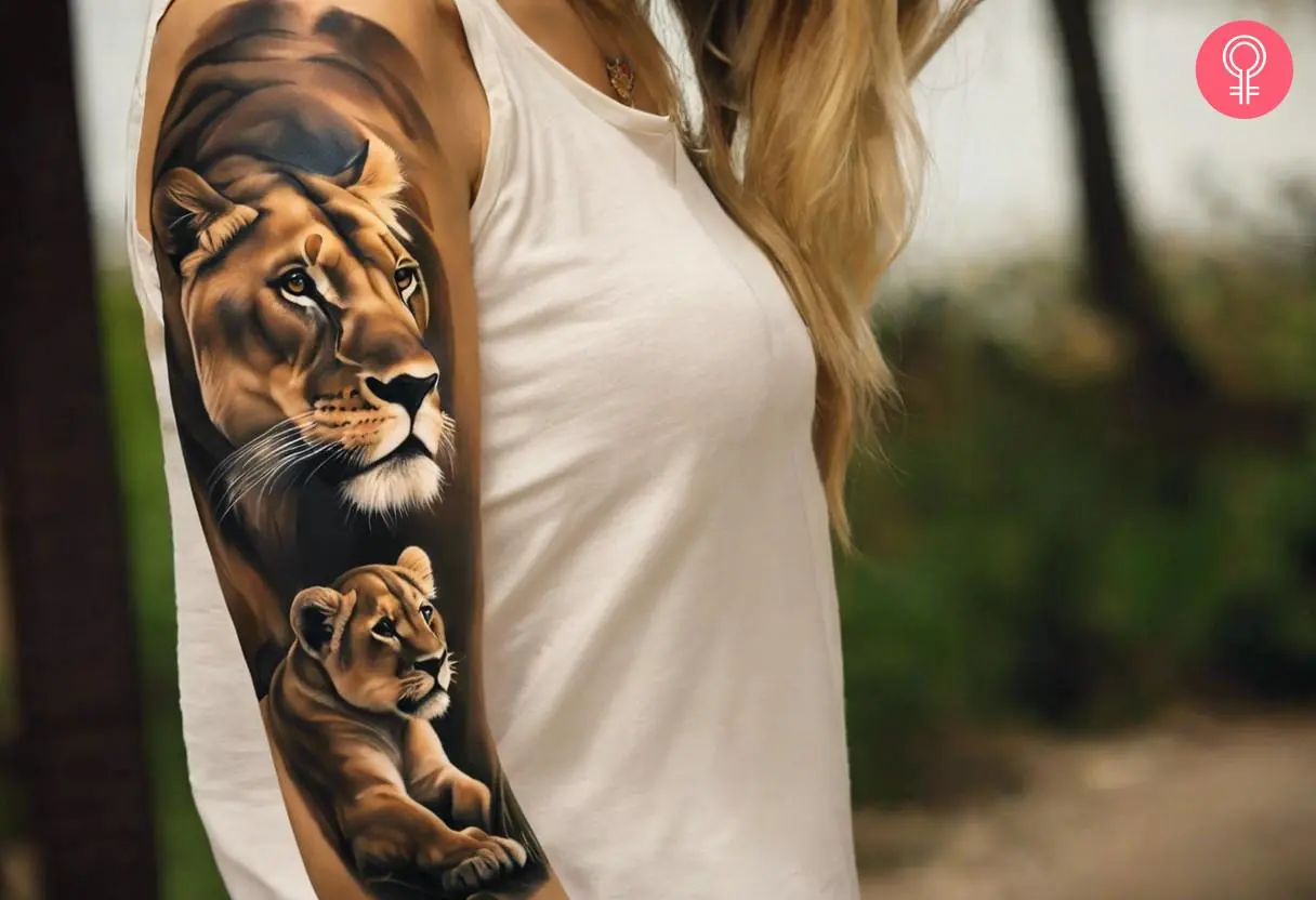 Half-sleeve mother lion and cub tattoo