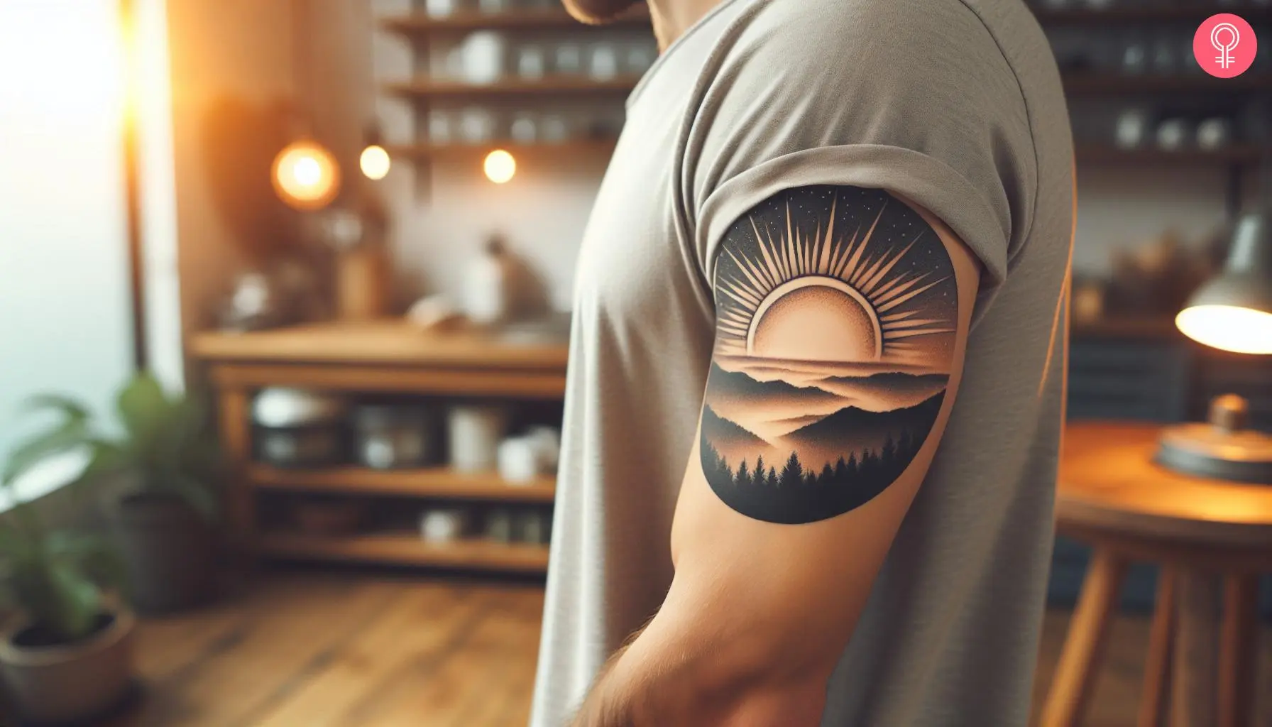 A half sunshine tattoo on the arm of a man