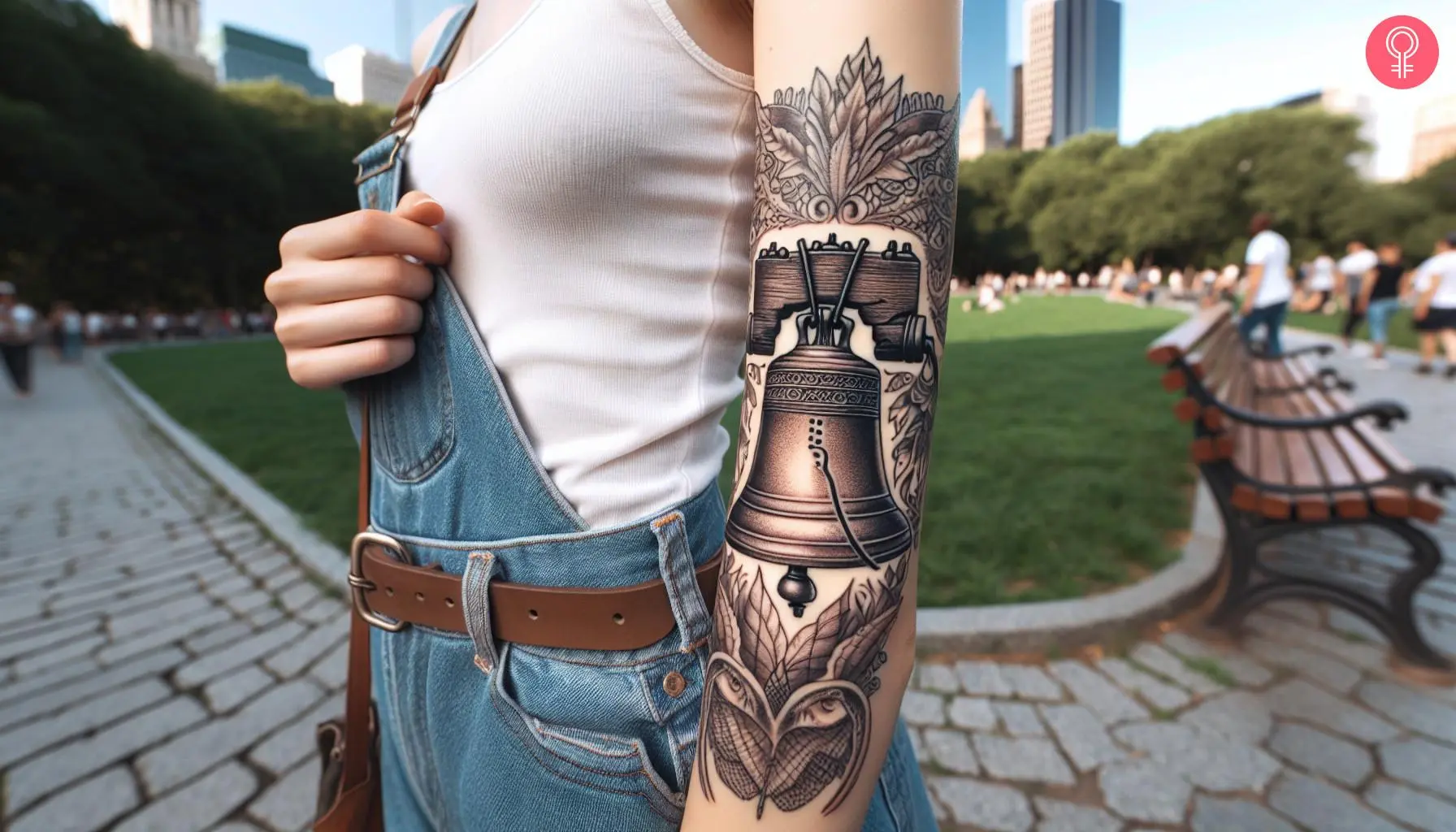 Half sleeve liberty bell tattoo on the arm of a woman