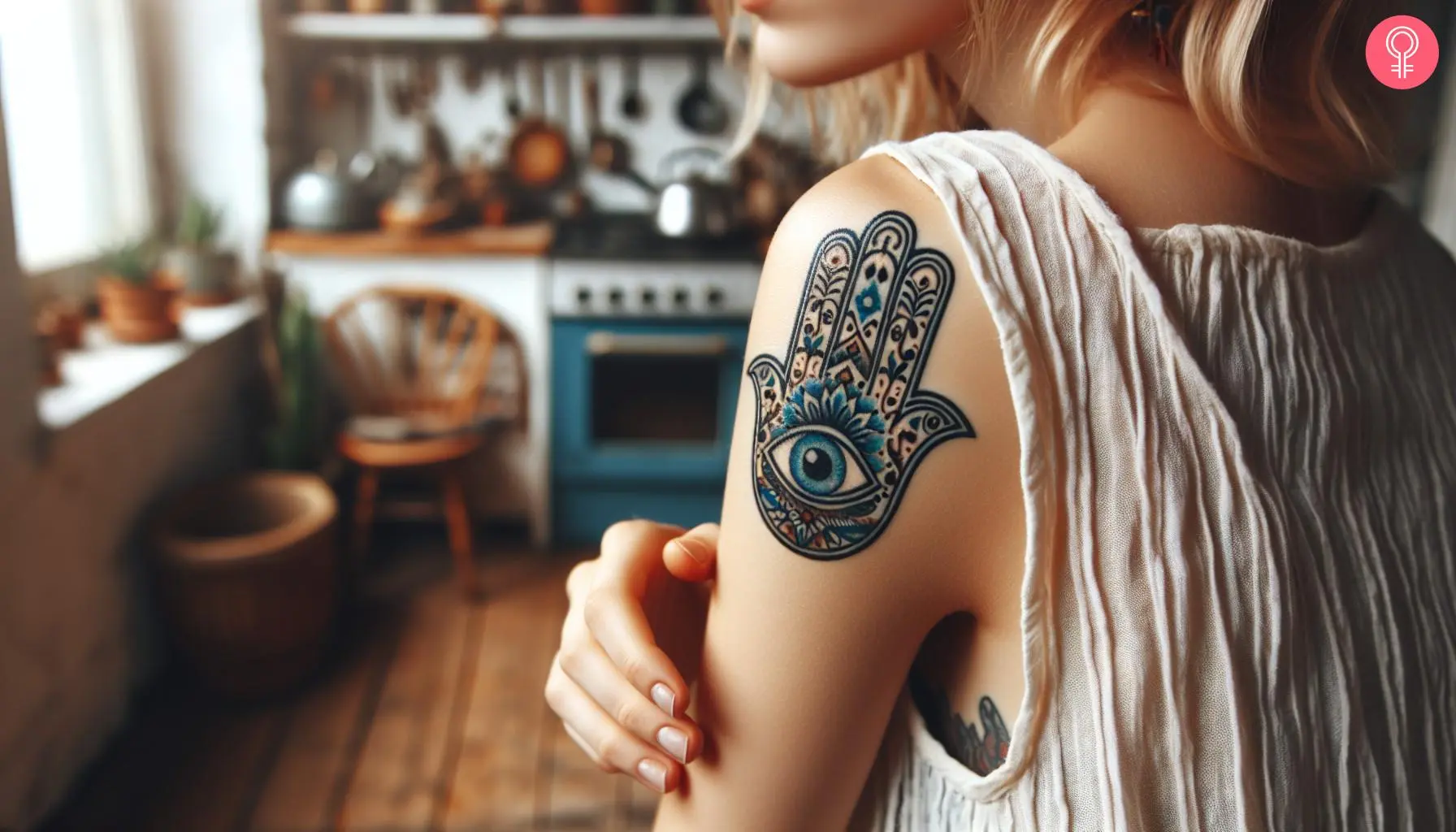 A Hamsa evil eye tattoo on the upper arm of a woman