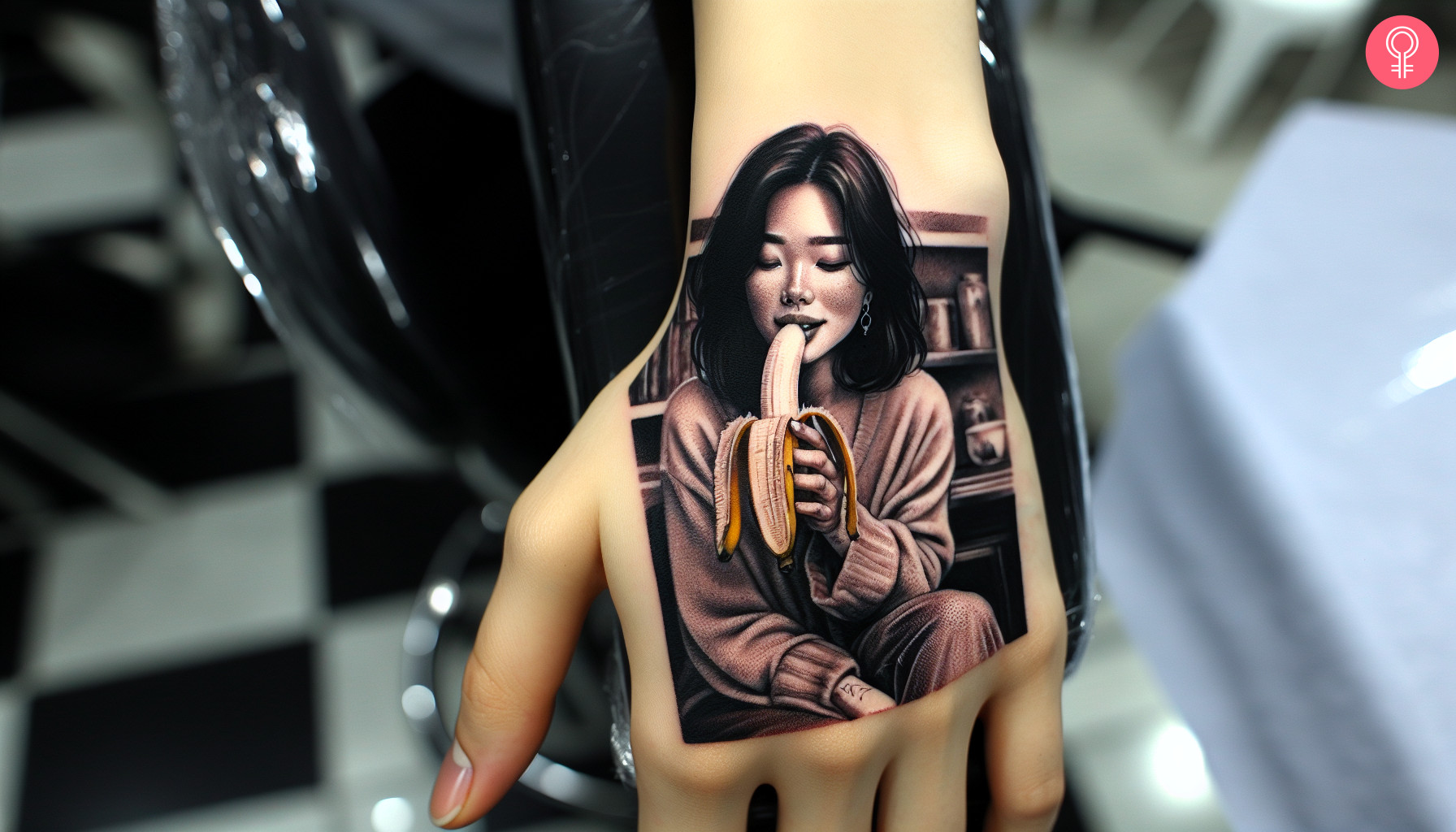 Banana tattoo design on the hand of a woman