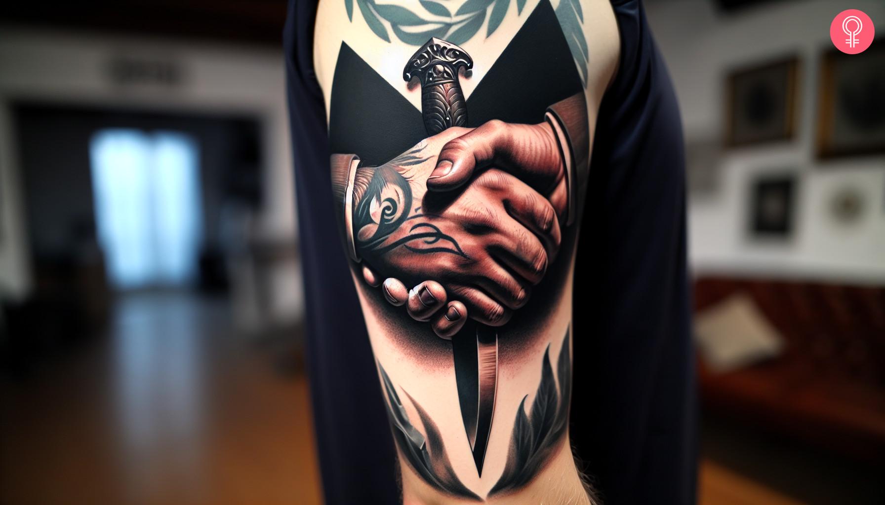 Handshake dagger tattoo on a man's arm