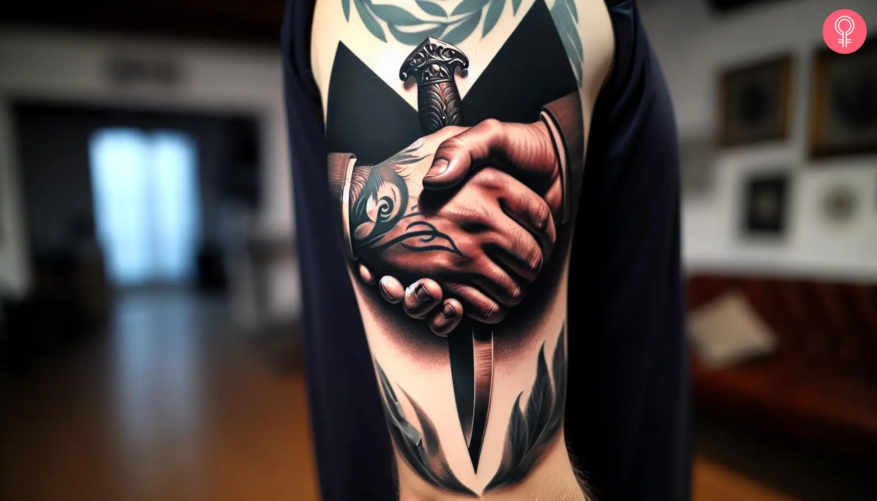 Handshake dagger tattoo on the arm of a man