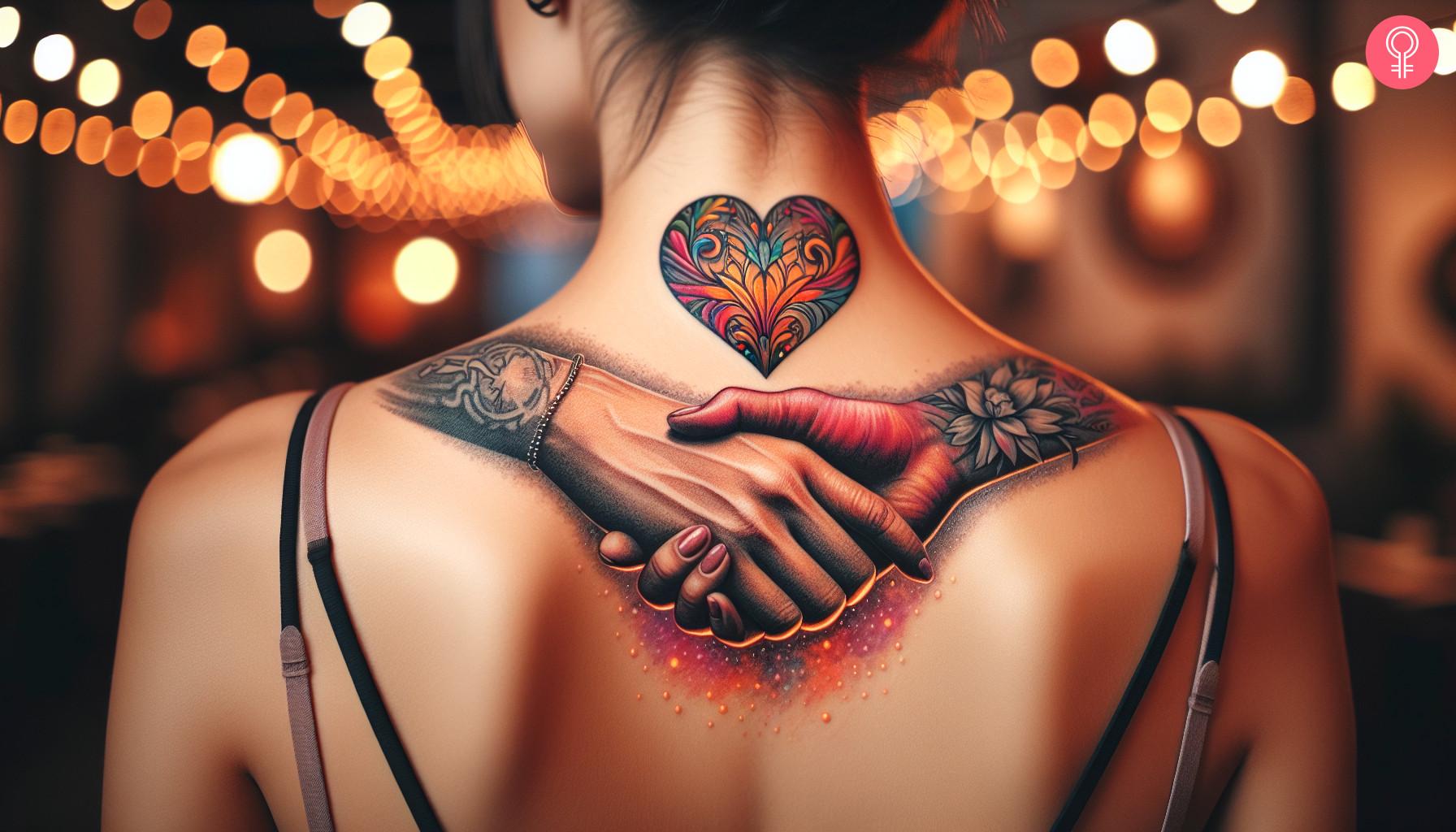 Handshake heart tattoo on a woman's upper back