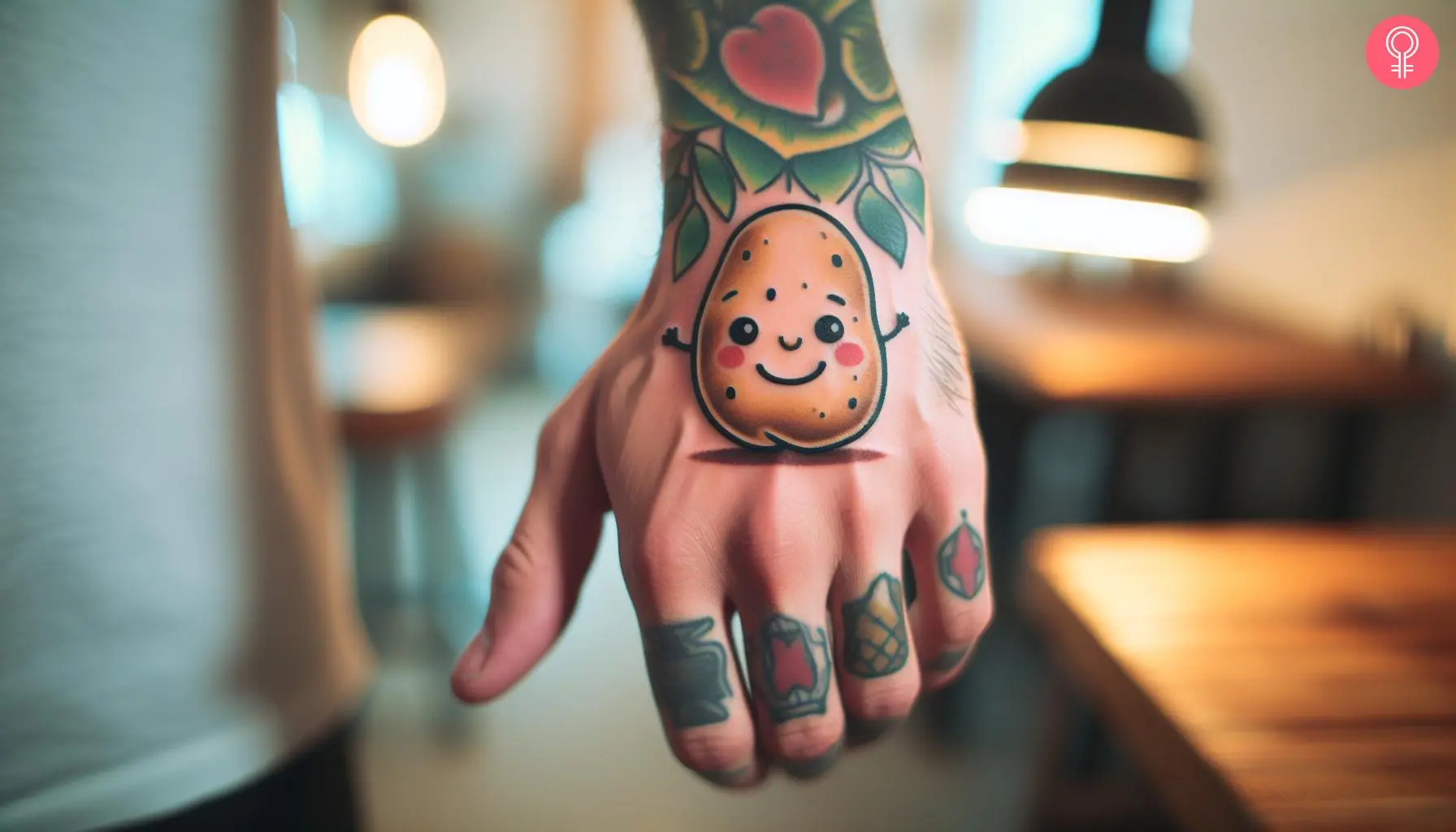 Happy potato tattoo on the hand of a man