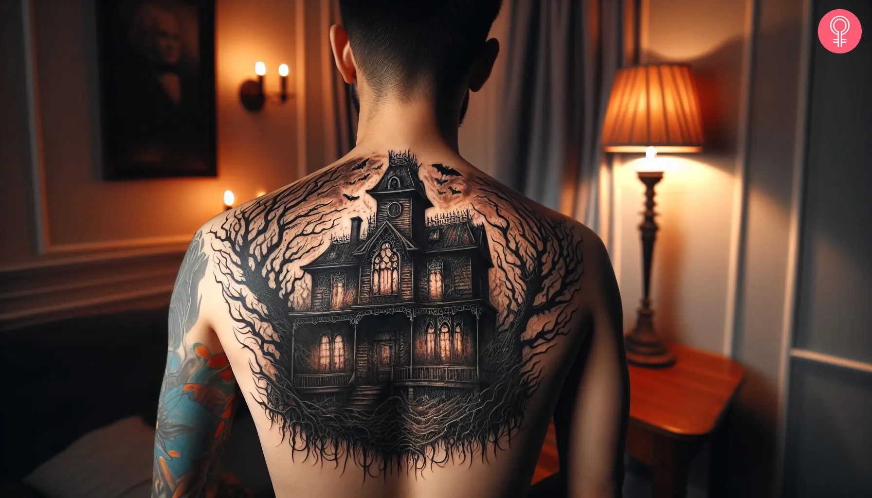 Haunted house tattoo on the back