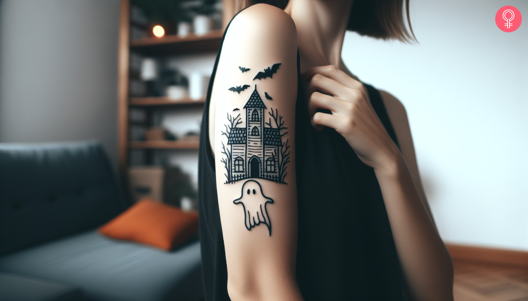 Haunted house flash tattoo on the upper arm