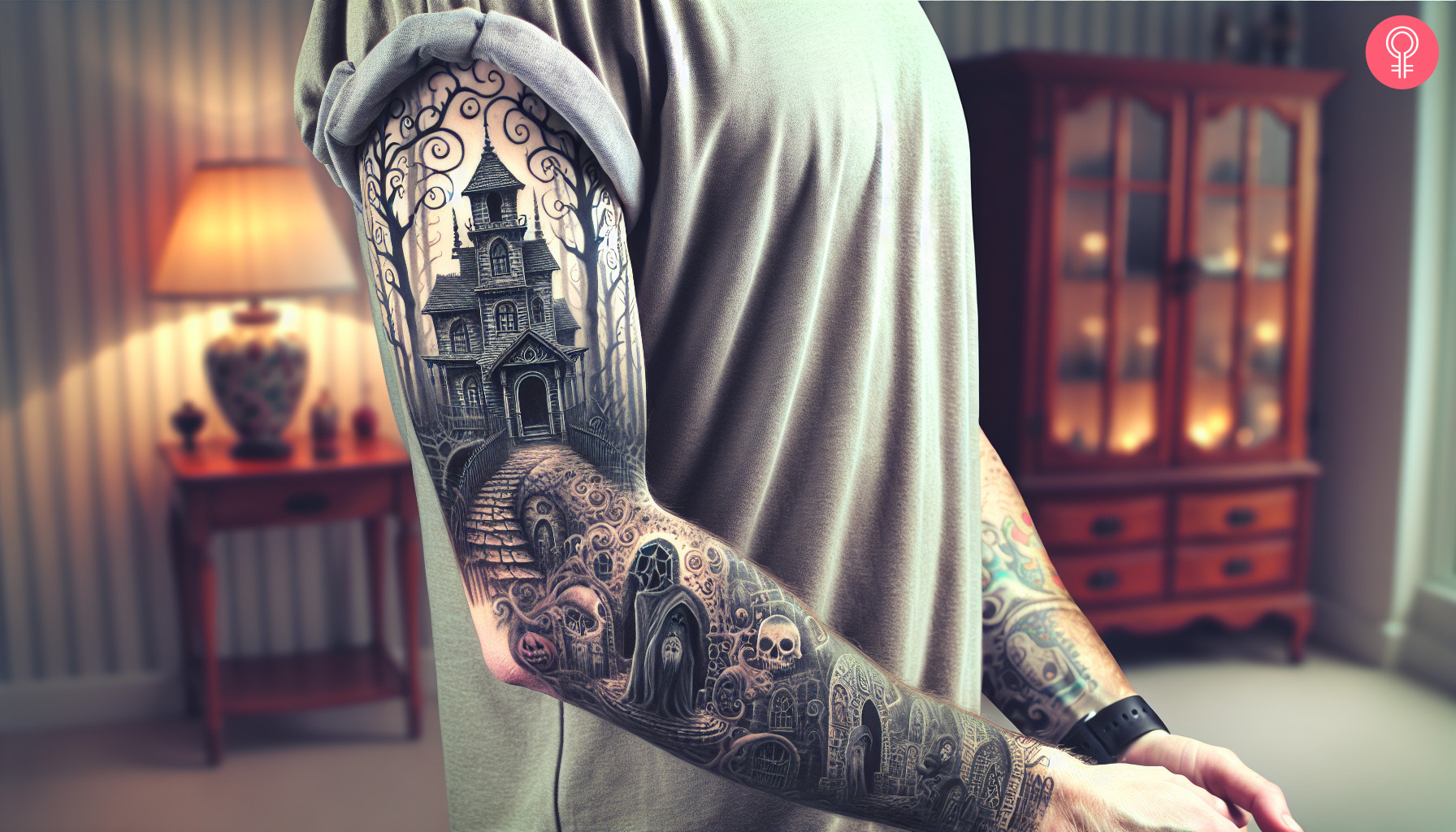 Haunted house tattoo on the sleeve