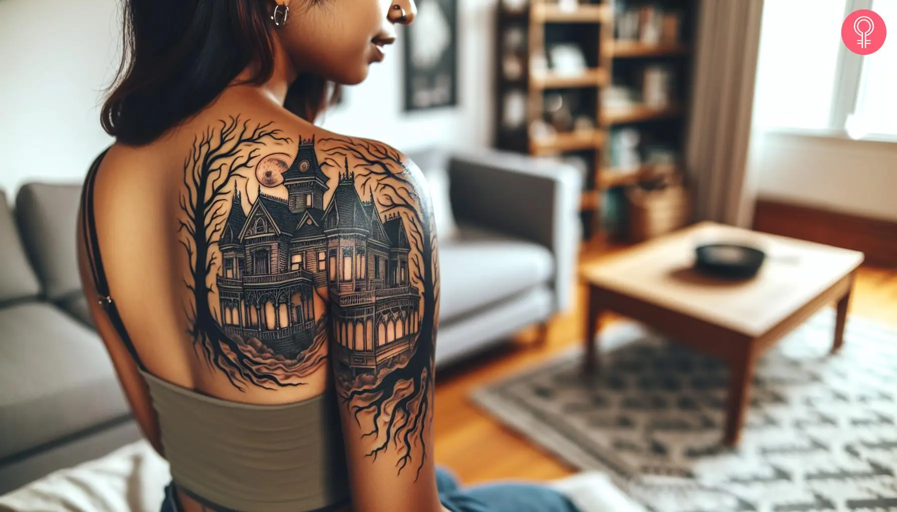 Haunted mansion tattoo on the back shoulder