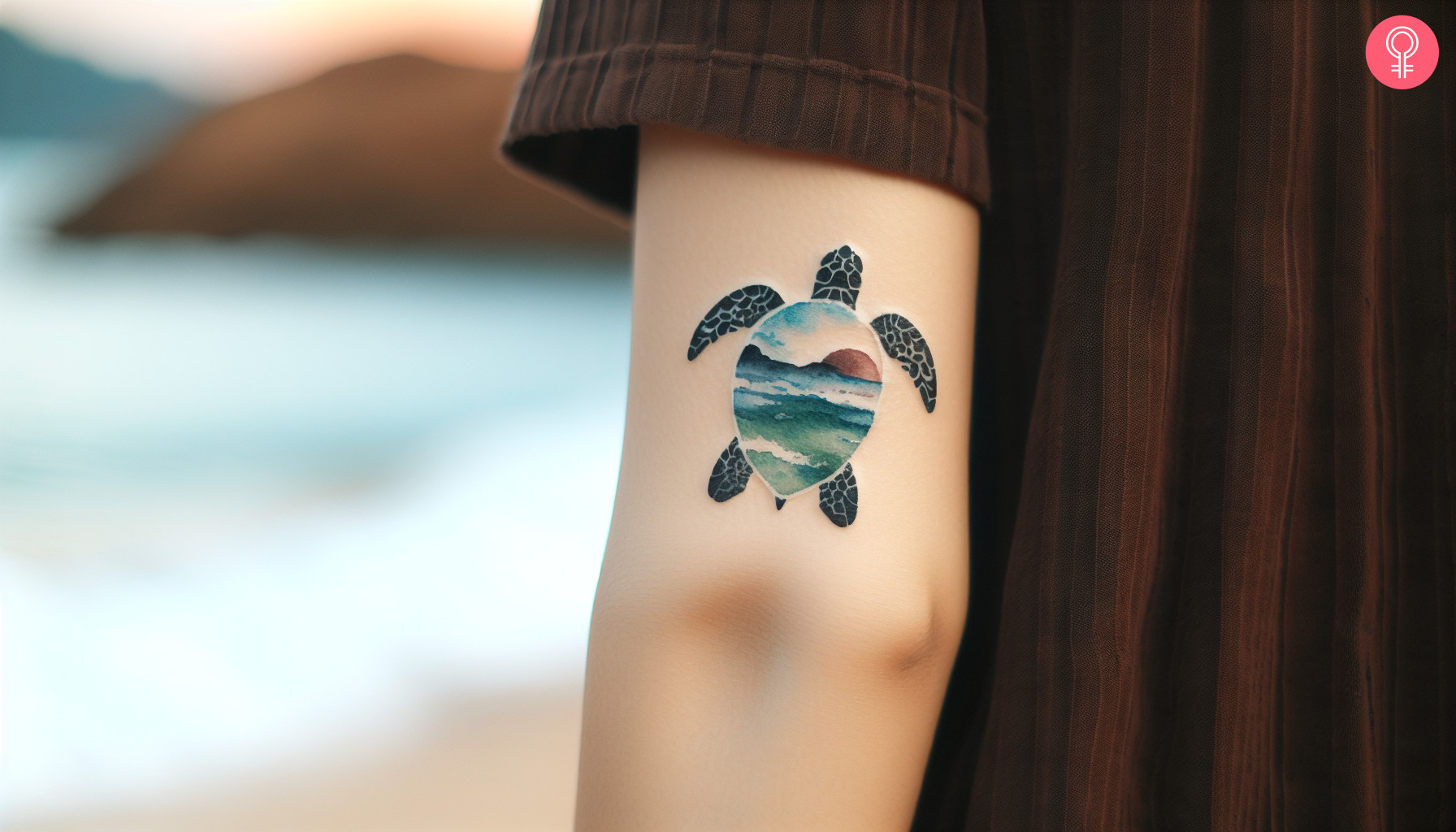 Hawaiian sea turtle watercolor tattoo etched on the upper arm