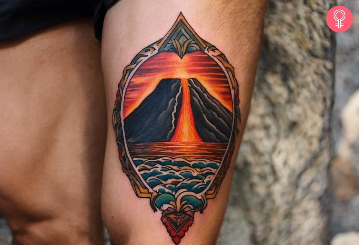 A man wearing Hawaiian volcano tattoo on the thigh