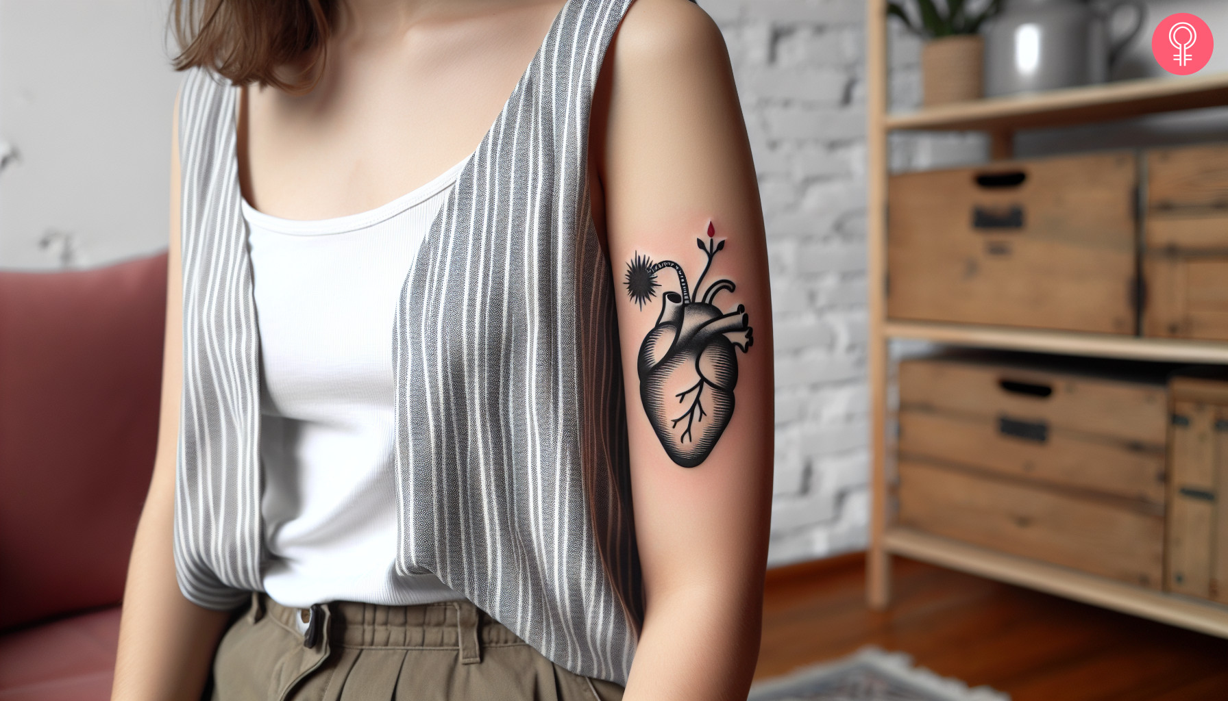 A heart bomb tattoo on a woman’s upper arm