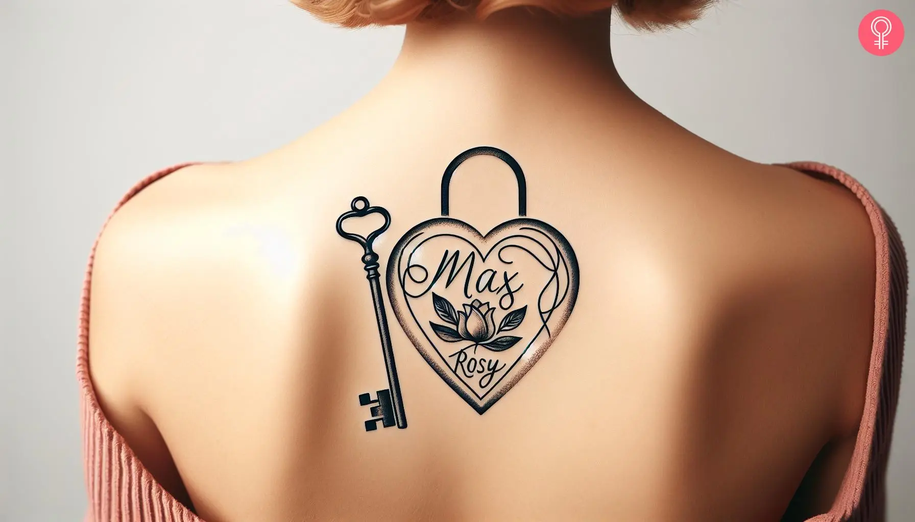 Woman with heart lock and key tattoo with names on her upper back