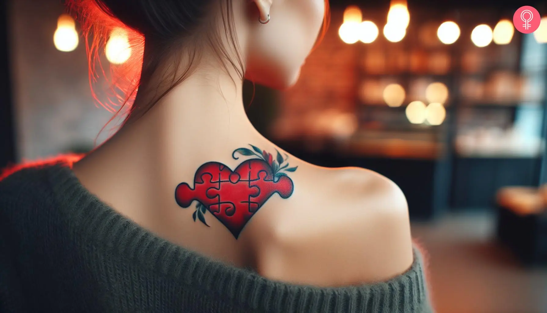 A red heart puzzle piece on the back of the shoulder