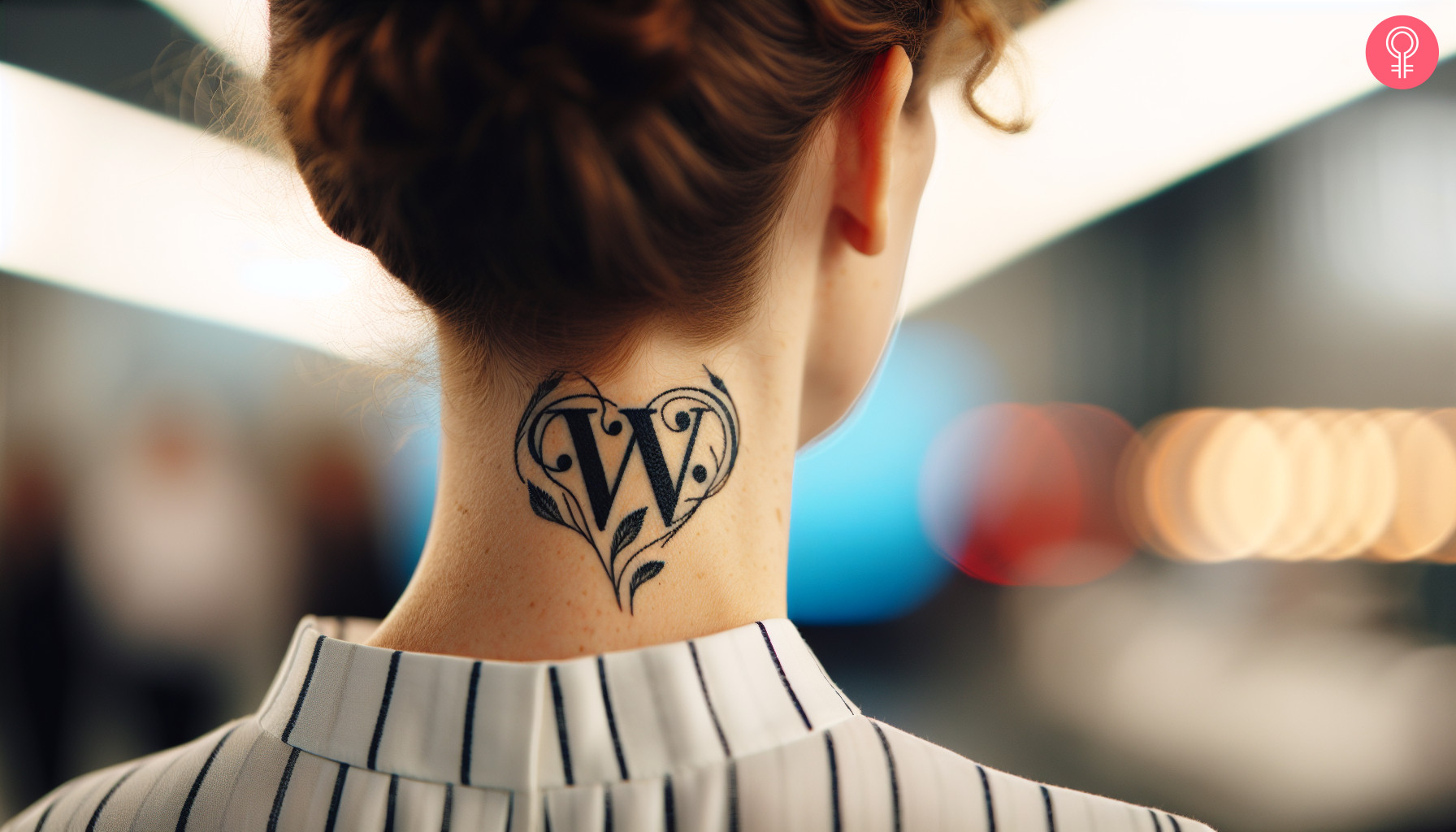 Heart w letter tattoo on the neck of a woman