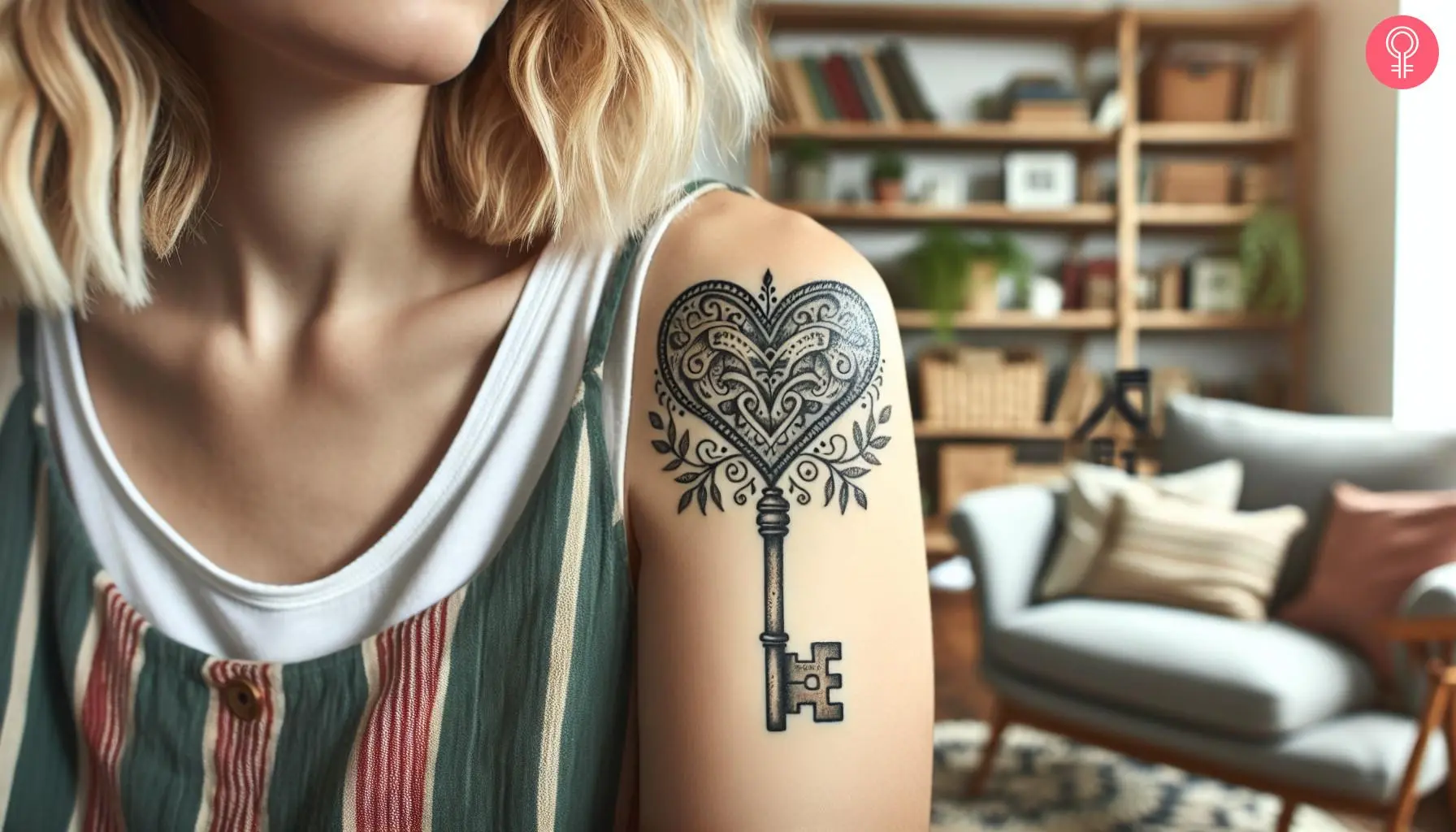 Heart skeleton key tattoo on the upper arm of a woman