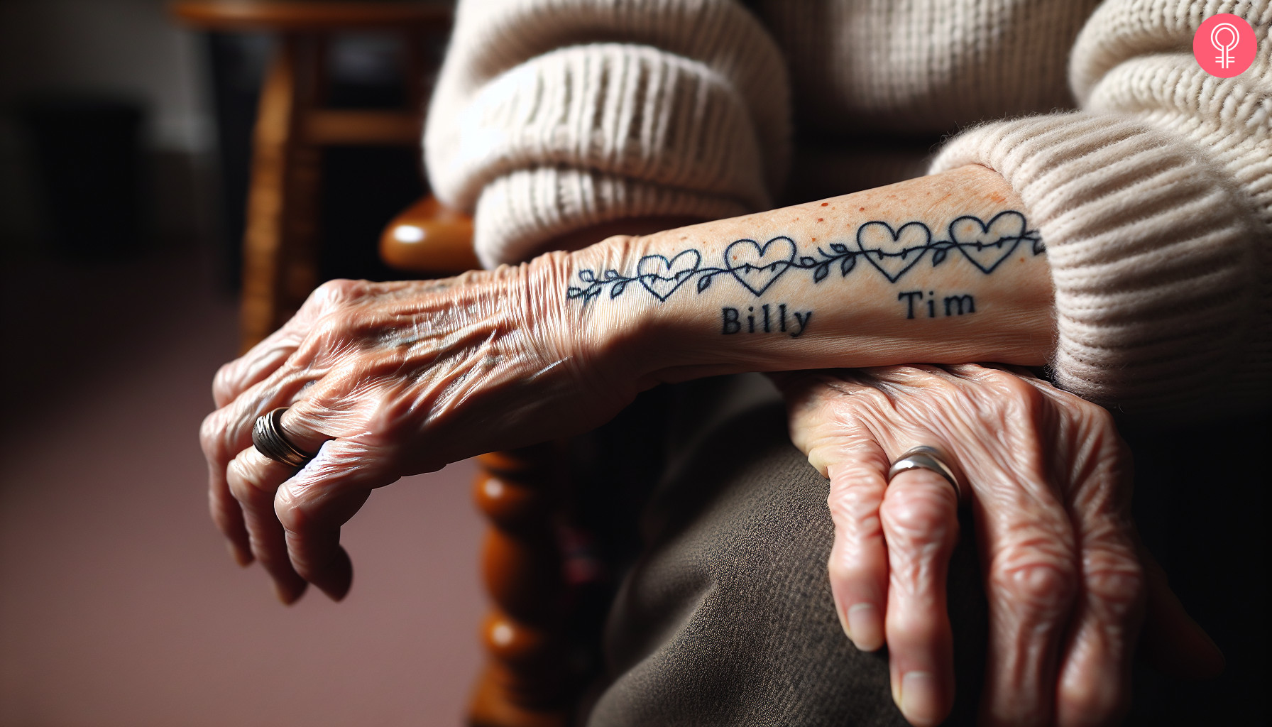 Heart with grandchildren tattoo on a woman's forearm