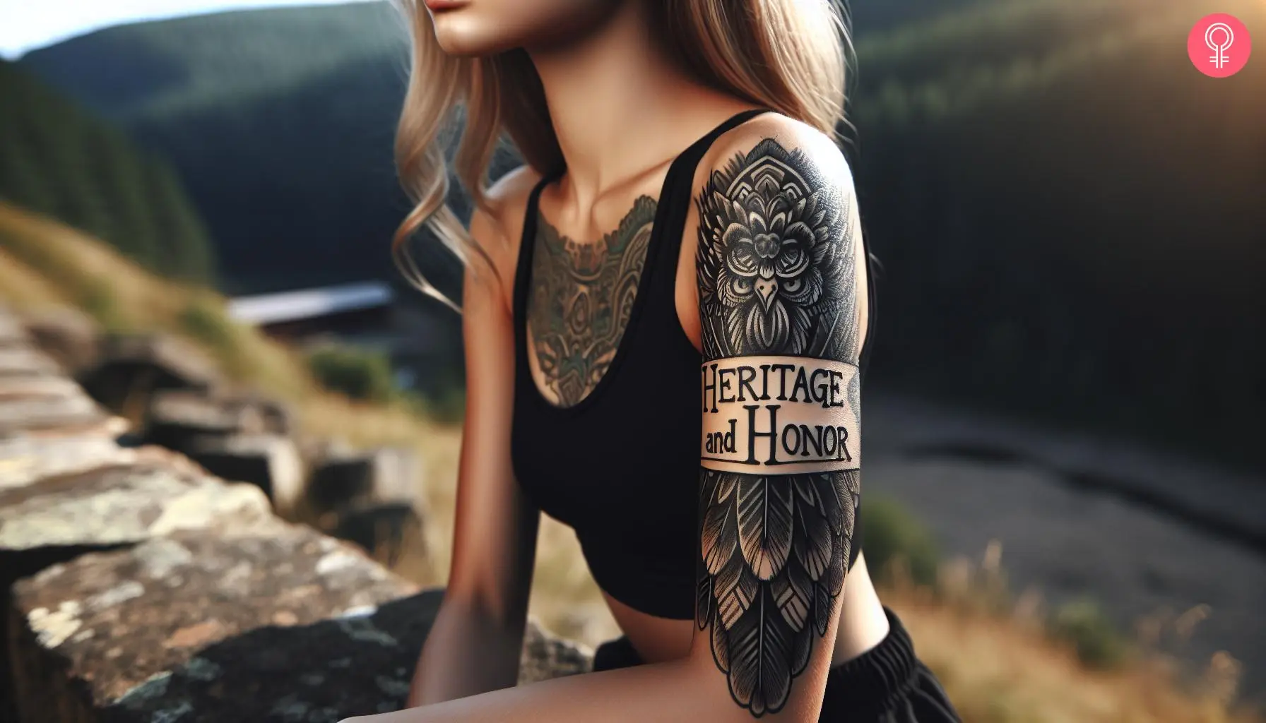 Heritage and honor tattoo on the upper arm of a woman