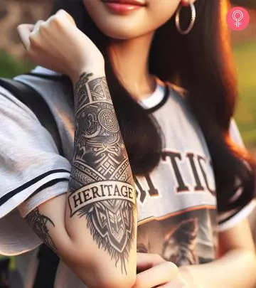 A woman with a flower Korean tattoo on her upper arm