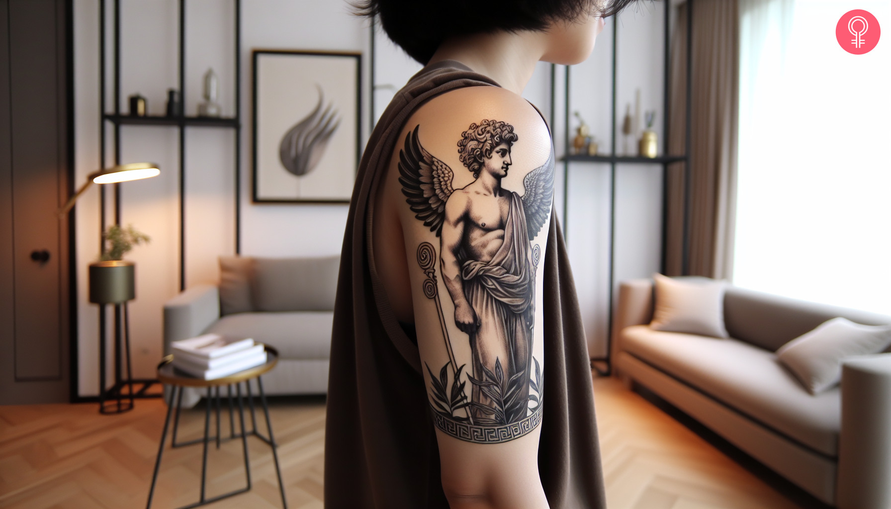 A portrait hermes greek god tattoo on the outer arm 