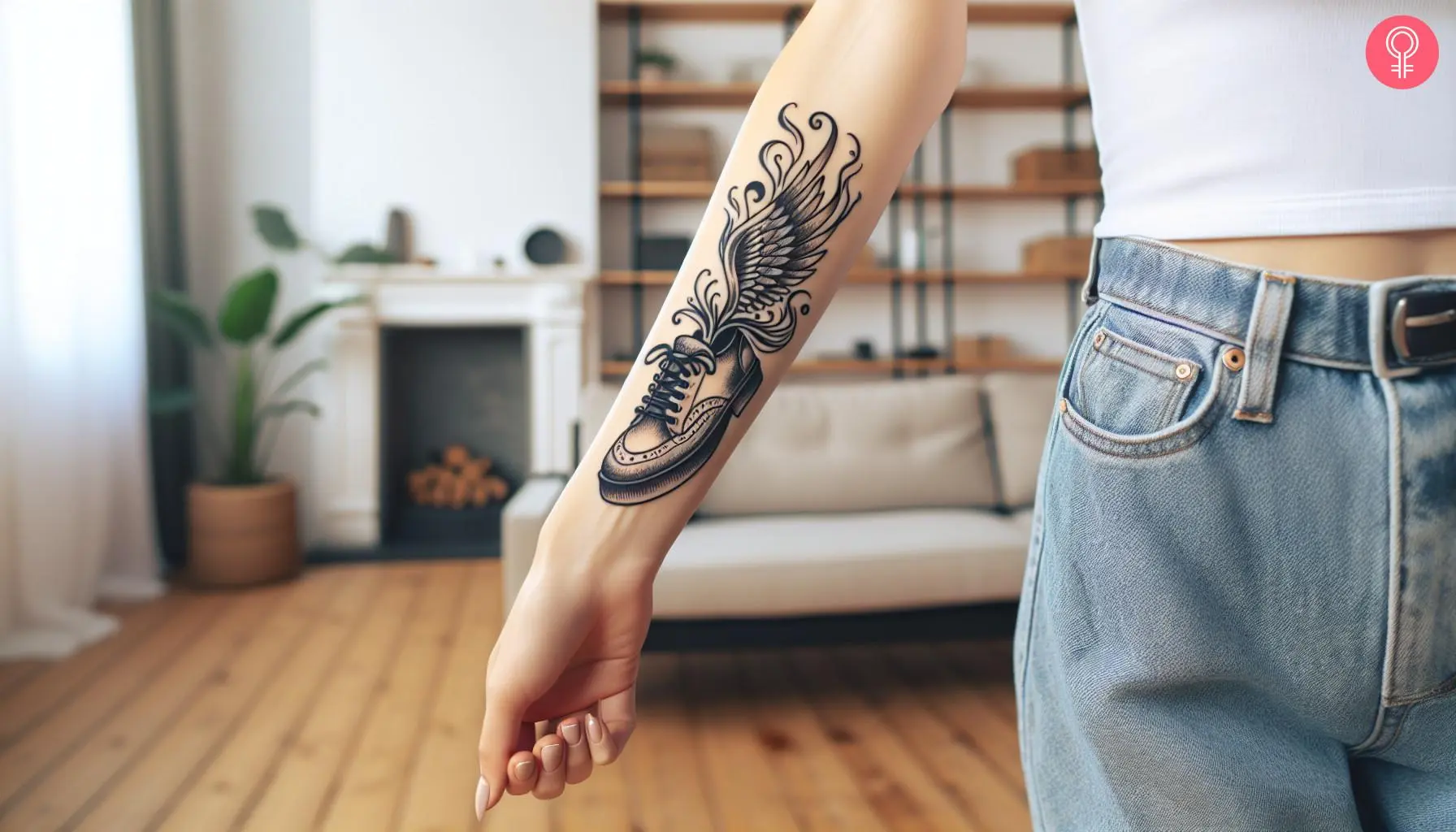 A hermes winged shoes tattoo on the forearm of a woman