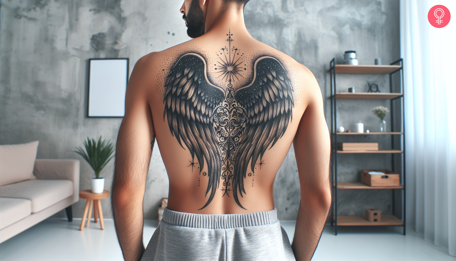 A pair of hermes wings tattoo on the back of a man