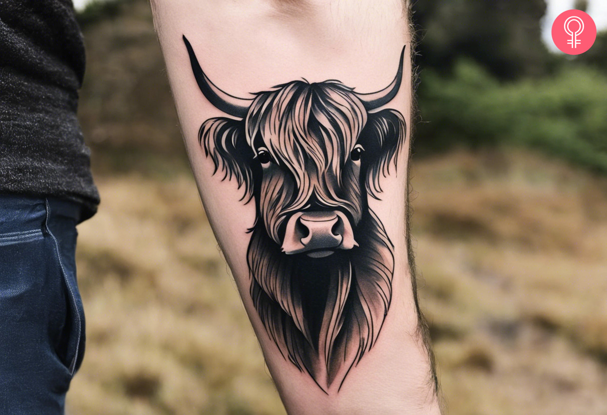 A highland cow tattoo on the forearm of a man