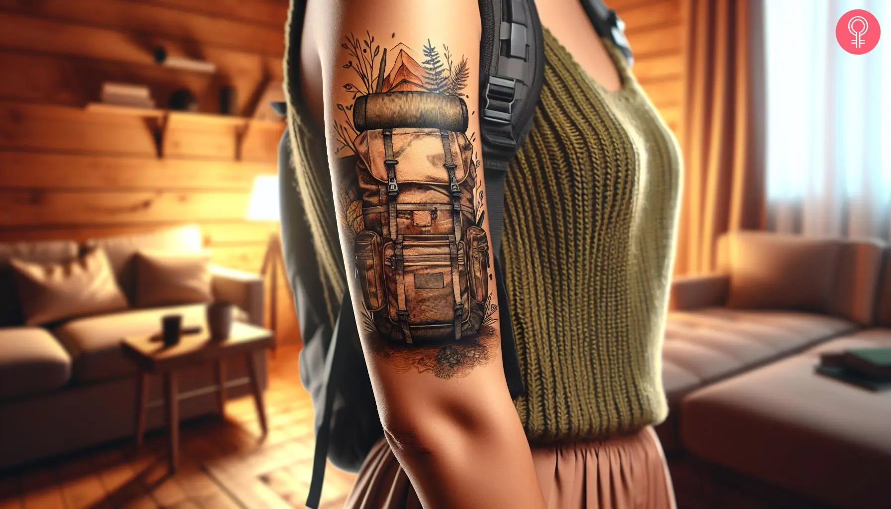 Hiking backpack tattoo on the upper arm